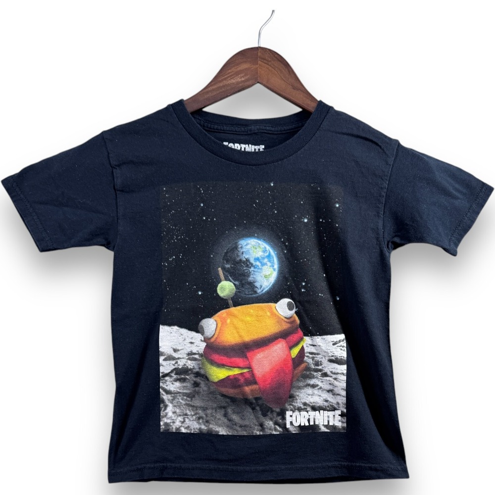 Fortnite Boys Shirt Small S 6/7 Battle Royale Durr Burger Moon Black Cotton‎ Tee